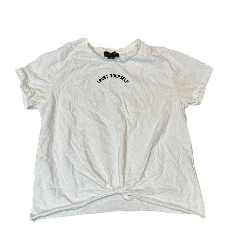 Primark Trust Yourself Graphic Tshirt White Black Front Knot Tie Women Small